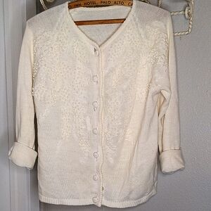 Vintage 60s Cream Cardigan Sweater Grape Vine Pattern Spring Cover Up SZ M